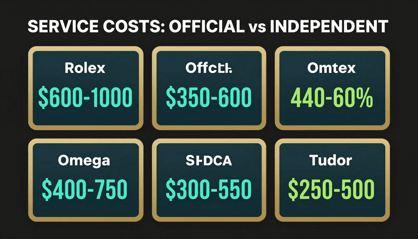 Watch service cost breakdown by brand — Rolex, Omega, Tudor, Cartier official vs independent pricing