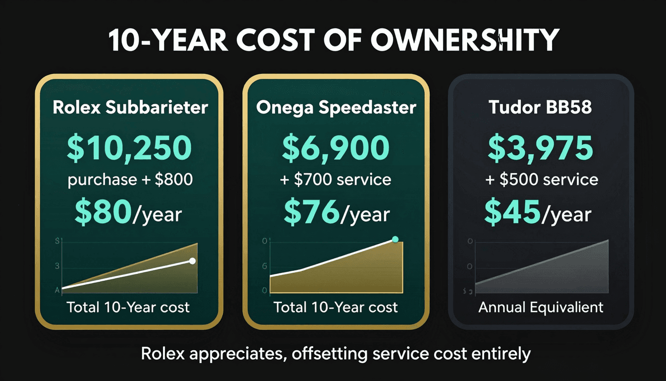 Total cost of ownership — Rolex, Omega, and Tudor over 10 years including service