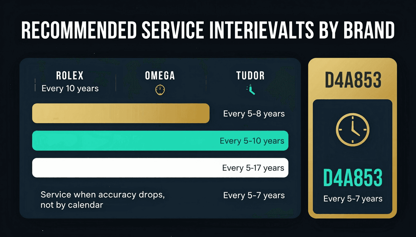 Recommended service intervals by brand — Rolex 10 years, Omega 5-8 years, Tudor 5-10 years