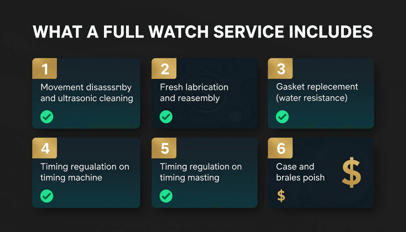 What's included in a luxury watch service — movement overhaul, case polish, gaskets, pressure test
