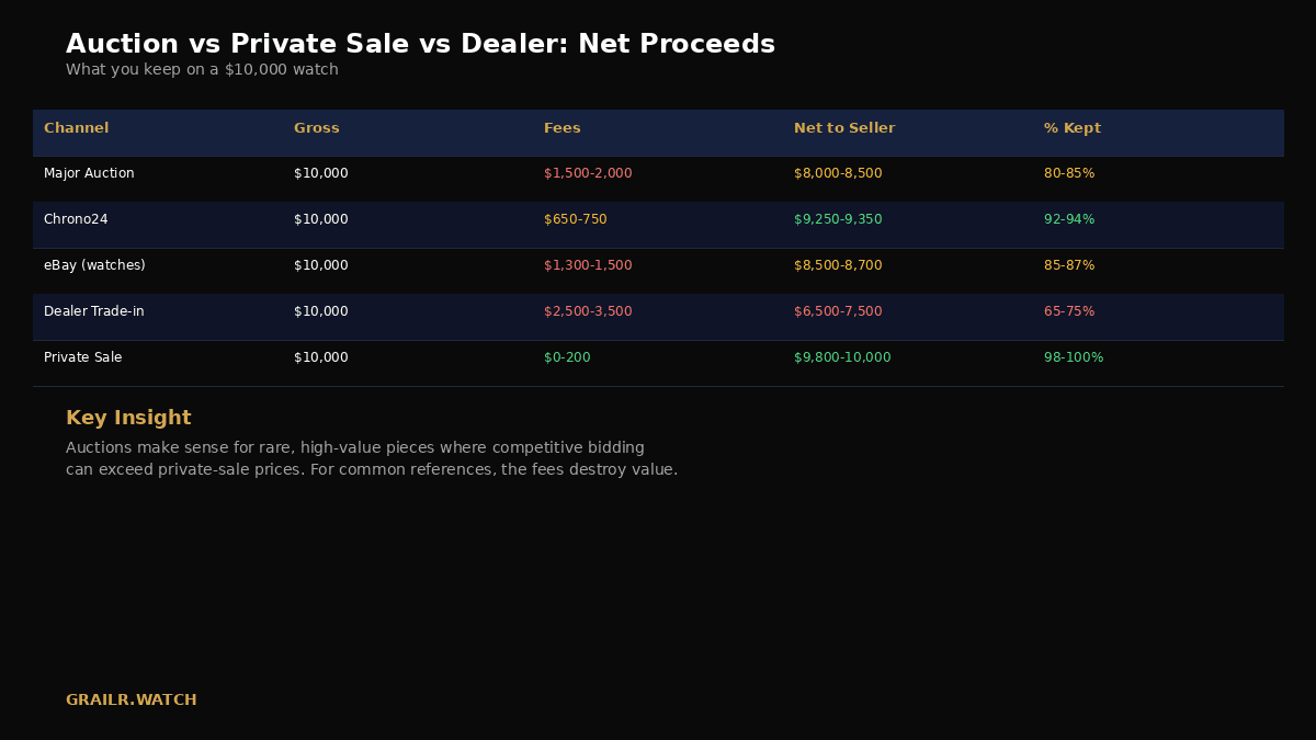 Net proceeds comparison across auction, marketplaces, and private sale