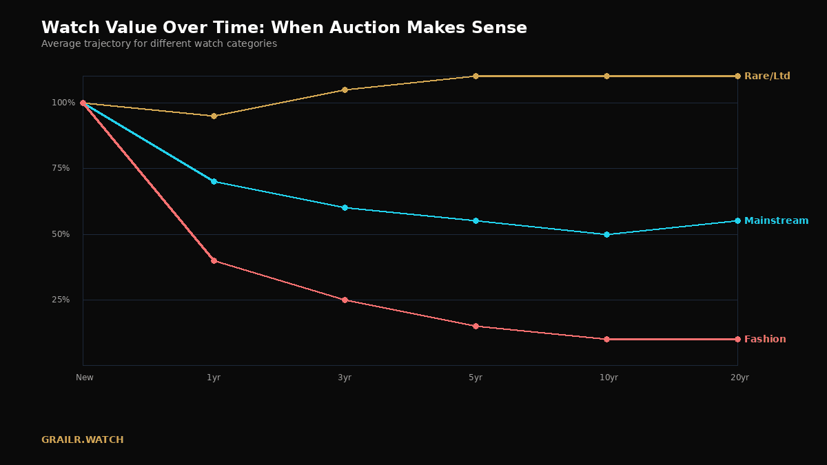 Watch value trends over time including the Patek Philippe 5711 decline from its 2022 peak